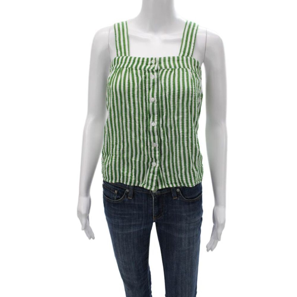 Lake Women Basic Striped Green Square Neck Cotton Blend Tank Size S